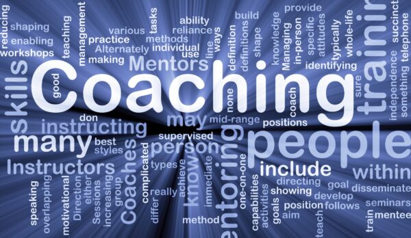 Background concept wordcloud illustration of coaching glowing light